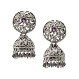 Shining Jewel - By Shivansh Silver-Plated Brass Cubic Zirconia Oxidised Jhumkas Earrings-image-48