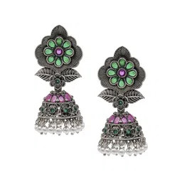 Shining Jewel - By Shivansh Silver-Plated Cubic Zirconia Studed Oxidised Jhumkas-image-55