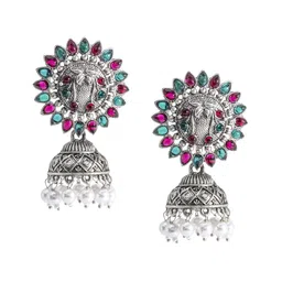 Shining Jewel - By Shivansh Silver-Plated Cubic Zirconia Studded Dome Shaped Jhumkas-38