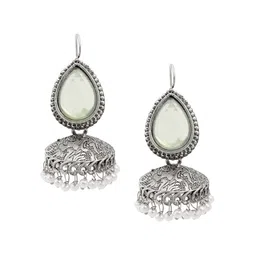 Shining Jewel - By Shivansh Cubic Zirconia Oxidised Silver Plated Dome Shaped Jhumkas-53