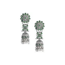 Shining Jewel - By Shivansh Silver-Plated Cubic Zirconia Floral Shaped Jhumkas-image-97