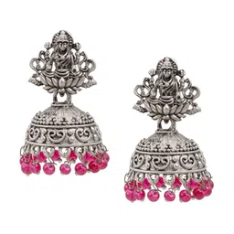 Shining Jewel - By Shivansh Silver-Plated Oxidised Cubic Zirconia Crystal Temple Jhumkas-21