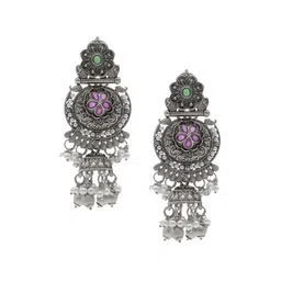 Shining Jewel - By Shivansh Silver-Plated Cubic Zirconia Studded Chand Bali Jhumkas-image-44