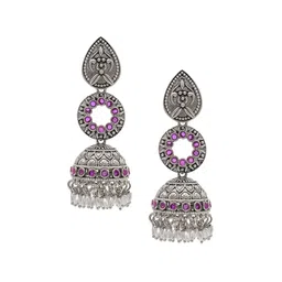 Shining Jewel - By Shivansh Silver-Plated Brass Oxidised Contemporary Jhumka Earrings-51