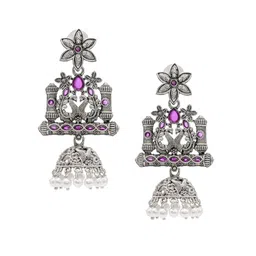 Shining Jewel - By Shivansh Silver-Plated Cubic Zirconia-Studded & Beaded Jhumkas-13