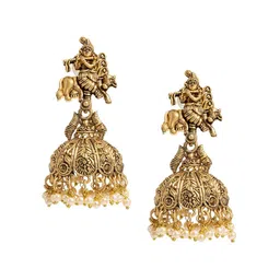 Shining Jewel - By Shivansh Gold-Plated Brass Antique Temple Detailed Jhumka Earrings-23