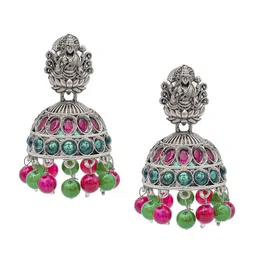 Shining Jewel - By Shivansh Silver-Plated Artificial Beads Oxidised Jhumkas Earrings-image-82