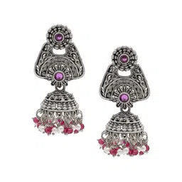 Shining Jewel - By Shivansh Silver Plated Cubic Zirconia Dome Shaped Oxidised jhumkas-picture-39