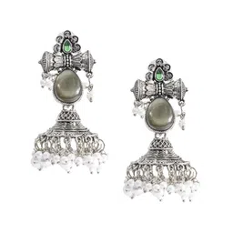 Shining Jewel - By Shivansh Silver-Plated Cubic Zirconia Dome Shaped Oxidised Jhumkas-image-103