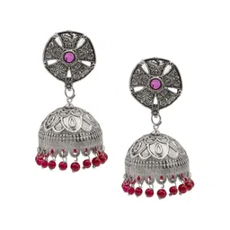 Shining Jewel - By Shivansh Silver Plated Cubic Zirconia Dome Shaped Oxidised Jhumkas-picture-10