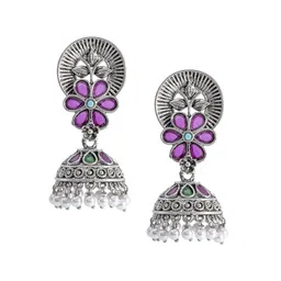 Shining Jewel - By Shivansh Silver-Plated Cubic Zirconia Studded Dome Shaped Jhumkas-11