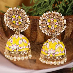 Shining Diva Yellow & Pearls Contemporary Jhumkas Earrings-20