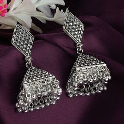 PRIVIU Silver-Plated Oxidised Geometric Jhumkas-25