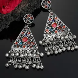 PANASH Silver-Toned Oxidized Multicoloured Enamelled Geometric Shaped Drop Earrings-43