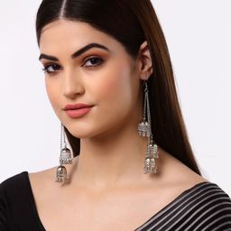 Arrabi Gunmetal-Toned Teardrop Shaped Jhumkas Earrings-17