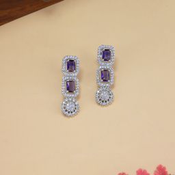 PRIVIU Rhodium-Plated Artificial Stone Studded Geometric Drop Earrings-31