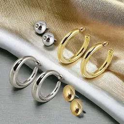 LUCKY JEWELLERY Set of 4 Silver Plated Studs and Half Hoop Earrings-image-4