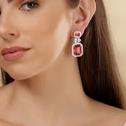 Rubans Rhodium-Plated CZ Studded Geometric Drop Earrings-40