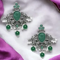 Sangria Silver-Toned Stones Studded & Beads Beaded Contemporary Oxidised Drop Earrings-image-77