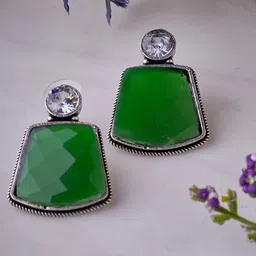 ATIBELLE Women Silver-Plated Geometric Emerald Drop Earrings-image-1