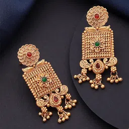 Jazz and Sizzle Gold-Plated Stone-Studded & Beaded Classic Drop Earrings-12