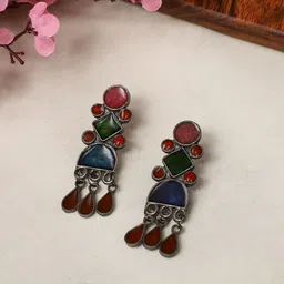 VENI Silver-Plated Classic Oxidised Drop Earrings-15
