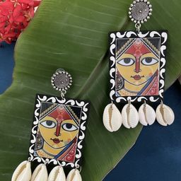 Digital Dress Room Silver-Plated Goddess Durga Sea Shell Square Shaped Drop Earrings-29