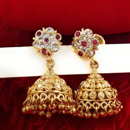 Anujeet Fashion Hub Gold-Plated American Diamond Studded Dome Shaped Jhumkas-18