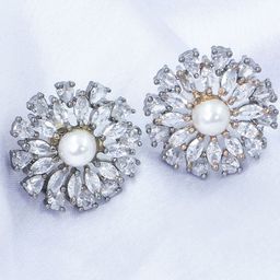 SHARLEEZ Rhodium-Plated American Diamonds Studded Floral Shaped Studs-image-62