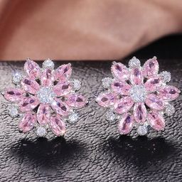Designs & You Silver Plated American Diamond Studded Floral Studs Earrings-11