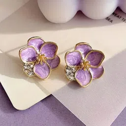 Krelin Rhodium-Plated Stainless Steel Rhinestone New Drop Oil Camelia Floral Studs-14