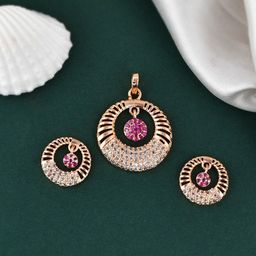 Silvermerc Designs Rose Gold-Plated American Diamond Studded Pendant With Earrings-image-2