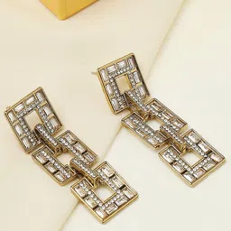 OOMPH Crystal Studded Square Drop Earrings-image-90
