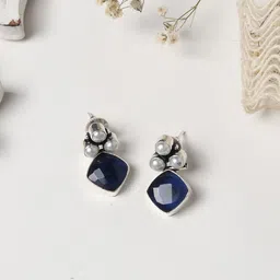 TEEJH Silver-Plated Navy Blue Oxidised Contemporary Studs-image-10