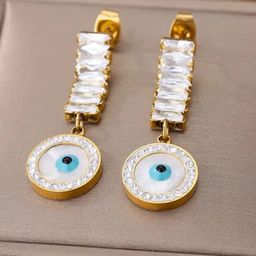 KRYSTALZ Stainless Steel Gold Plated Cubic Zirconia Studded Evil Eyes Drop Earrings-29