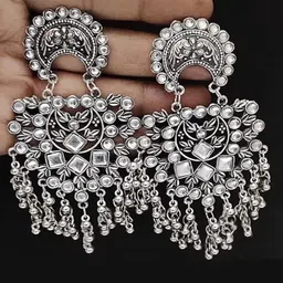 PRASUB Silver Plated Kundan Oxidised Chandbalis-image-3