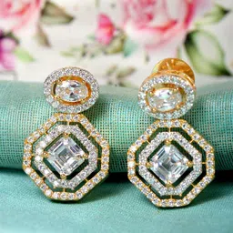 Saraf RS Jewellery Gold-Plated & White American Diamond Studded Contemporary Drop Earrings-35