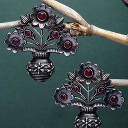 Sanjog Women Silver-Plated Floral Oxidised Drop Earrings-21