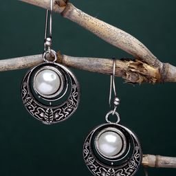 Sanjog Oxidized German Silver Pearl Studded Engraved Drop Earrings-48