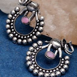 Sanjog German Silver Oxidized Stone Studded Drop Elephant Earrings-20