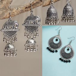 NVR Set of 3 Silver-Plated Oxidised Dome Shaped Jhumkas-26
