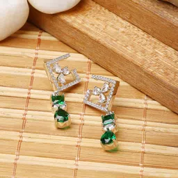ZENEME Rhodium-Plated American Diamond studded Square & Contemporary Drop Earrings-99
