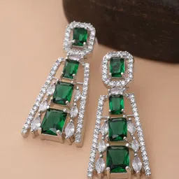 ZENEME Rhodium-Plated Contemporary AD Studded Drop Earrings-19