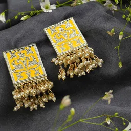 SOHI Yellow & Gold Plated Contemporary Meenakari Drop Earrings-image-9