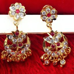 Anujeet Fashion Hub Gold-Plated American Diamond Studded Contemporary Drop Earrings-image-27