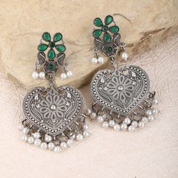 Anouk German Silver-Plated Stone-Studded & Beaded Contemporary Oxidised Drop Earrings-image-71