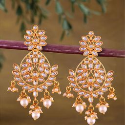 Peora Gold-Plated Kundan Pearl Contemporary Drop Earrings-29