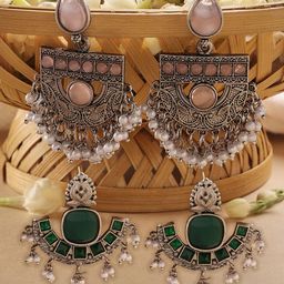 Zaveri Pearls Set Of 2 Silver-Plated Contemporary Drop Earrings-83