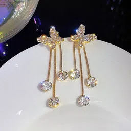PolluxCraft Gold-Plated Artificial Stones Studded Contemporary Tasselled Drop Earrings-picture-18