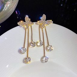 PolluxCraft Gold-Plated Artificial Stones Studded Quirky Shaped Tasselled Drop Earrings-2